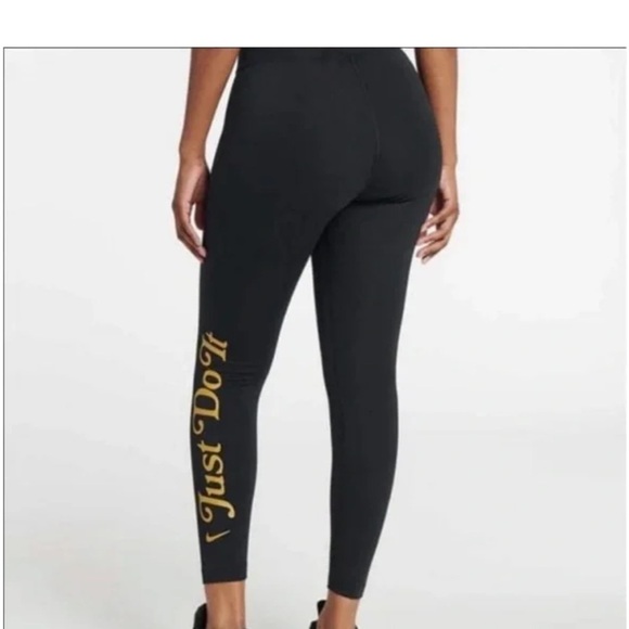 Nike Womens Small Black Gold Just Do It Graphic Leggings Cotton Knit Activewear - Picture 2 of 7